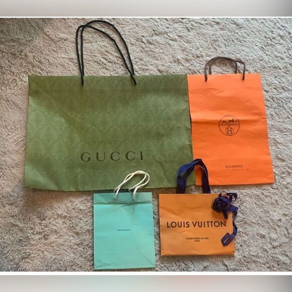 4 DESIGNER PAPER SHOPPING gift BAG LOT GUCCI HERMES TIFFANY LOUIS VUITTON - Picture 1 of 7